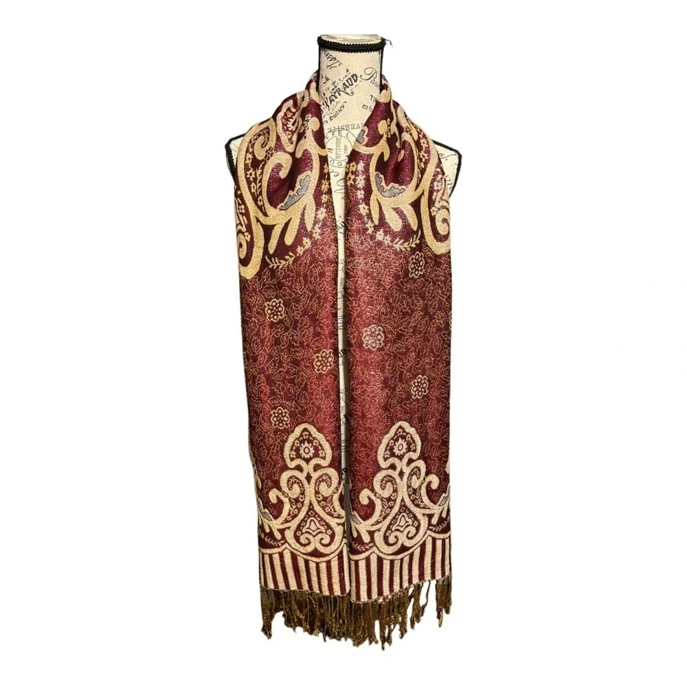 Pashmina Indie’s Fine Wool Scarf Burgundy Metallic Fringe Lightweight Neck Wrap